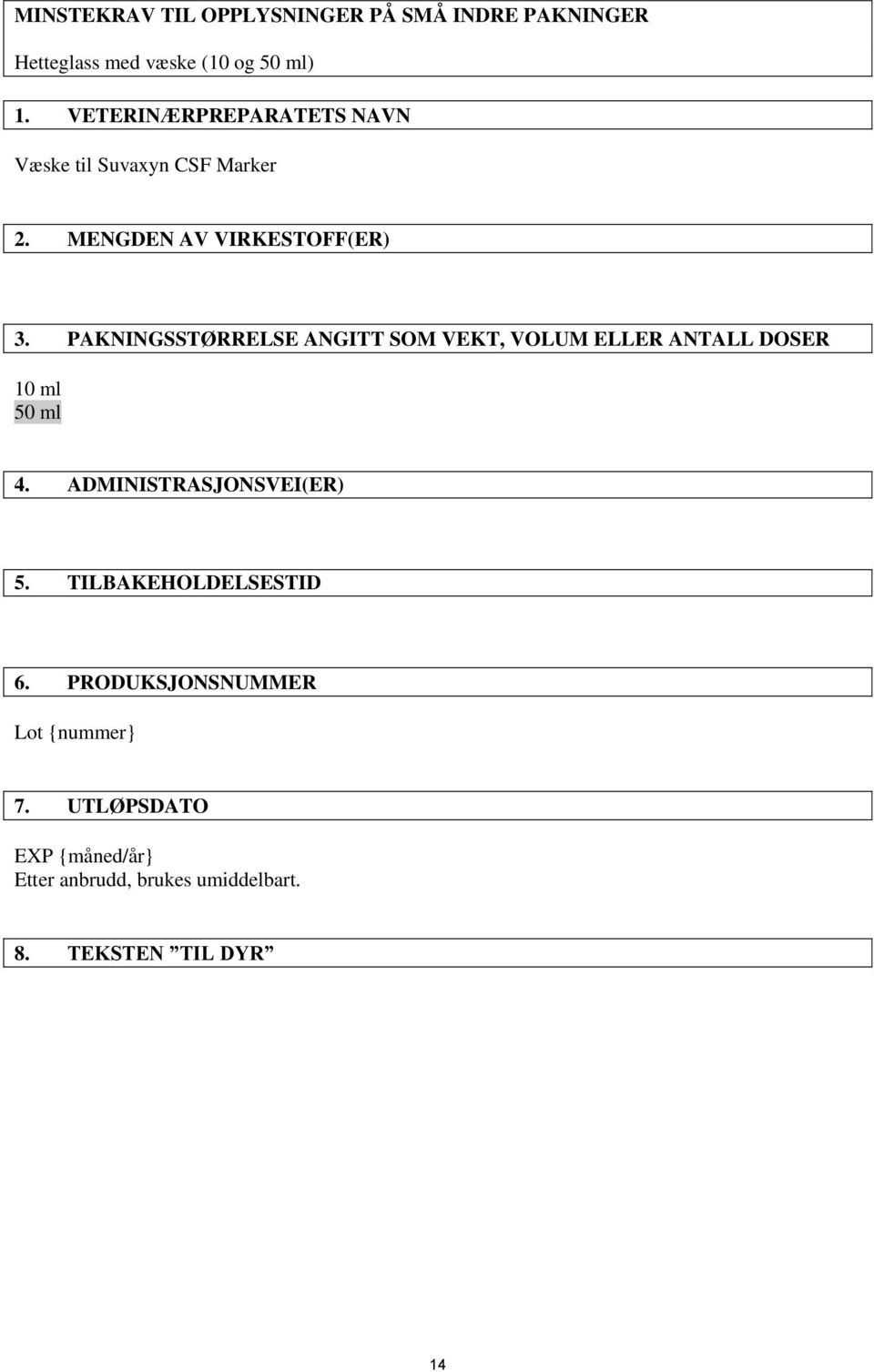 PAKNINGSSTØRRELSE ANGITT SOM VEKT, VOLUM ELLER ANTALL DOSER 10 ml 50 ml 4. ADMINISTRASJONSVEI(ER) 5.