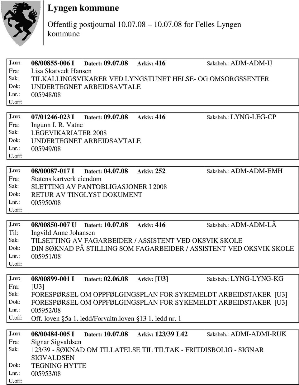 nr: 08/00087-017 I Datert: 04.07.08 Arkiv: 252 Saksbeh.: ADM-ADM-EMH Fra: Statens kartverk eiendom Sak: SLETTING AV PANTOBLIGASJONER I 2008 Dok: RETUR AV TINGLYST DOKUMENT Lnr.: 005950/08 J.