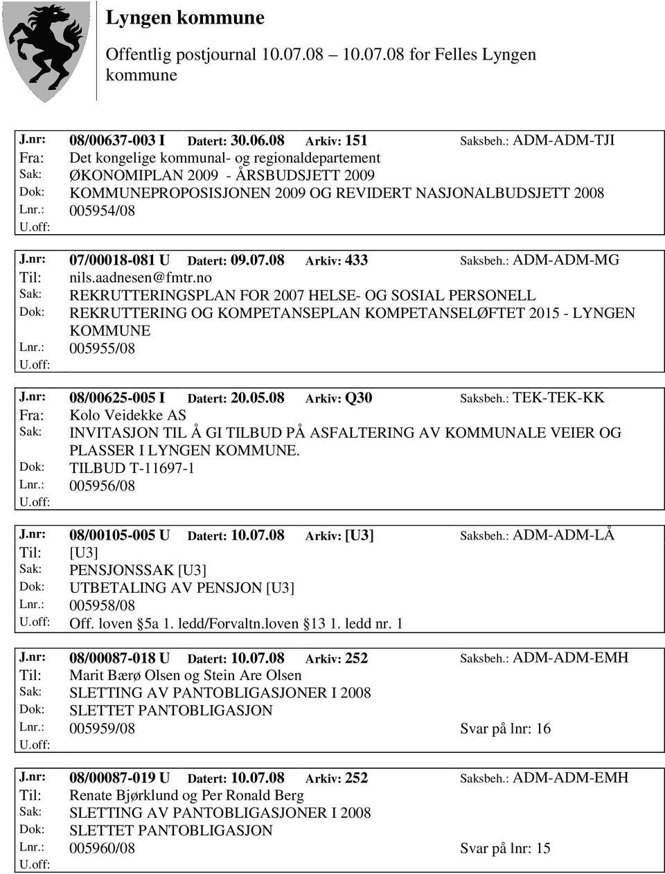 nr: 07/00018-081 U Datert: 09.07.08 Arkiv: 433 Saksbeh.: ADM-ADM-MG Til: nils.aadnesen@fmtr.