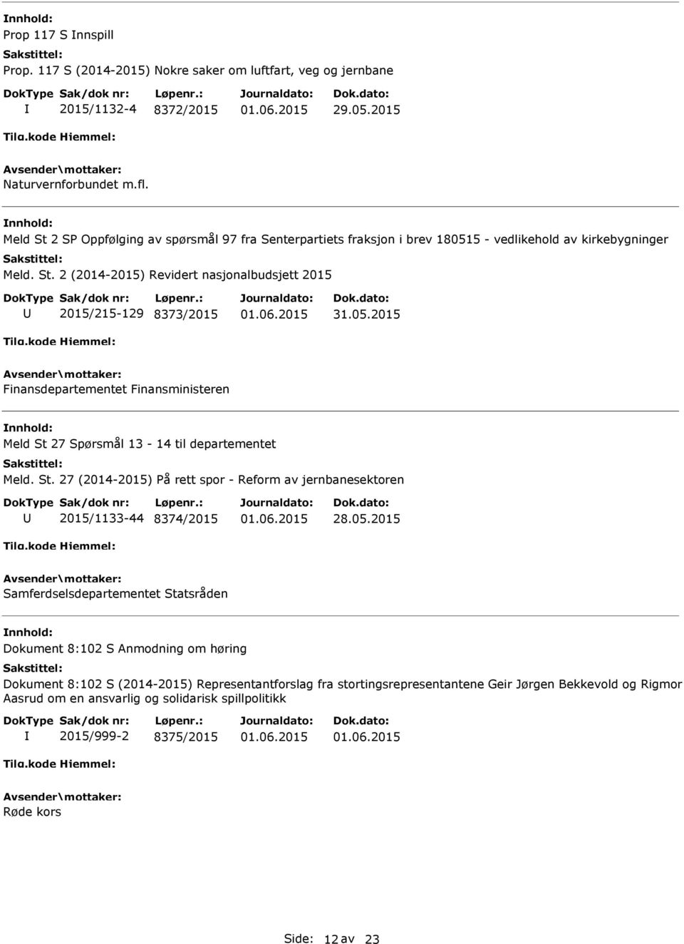 St. 27 (2014-2015) På rett spor - Reform av jernbanesektoren U 2015/1133-44 8374/2015 Samferdselsdepartementet Statsråden nnhold: Dokument 8:102 S Anmodning om høring Dokument 8:102 S (2014-2015)