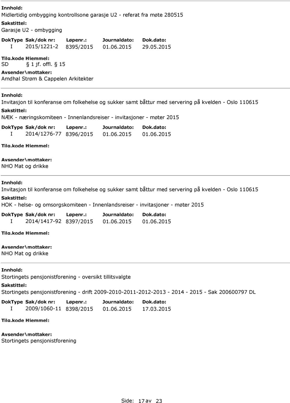 invitasjoner - møter 2015 2014/1276-77 8396/2015 NHO Mat og drikke nnhold: nvitasjon til konferanse om folkehelse og sukker samt båttur med servering på kvelden - Oslo 110615 HOK - helse- og