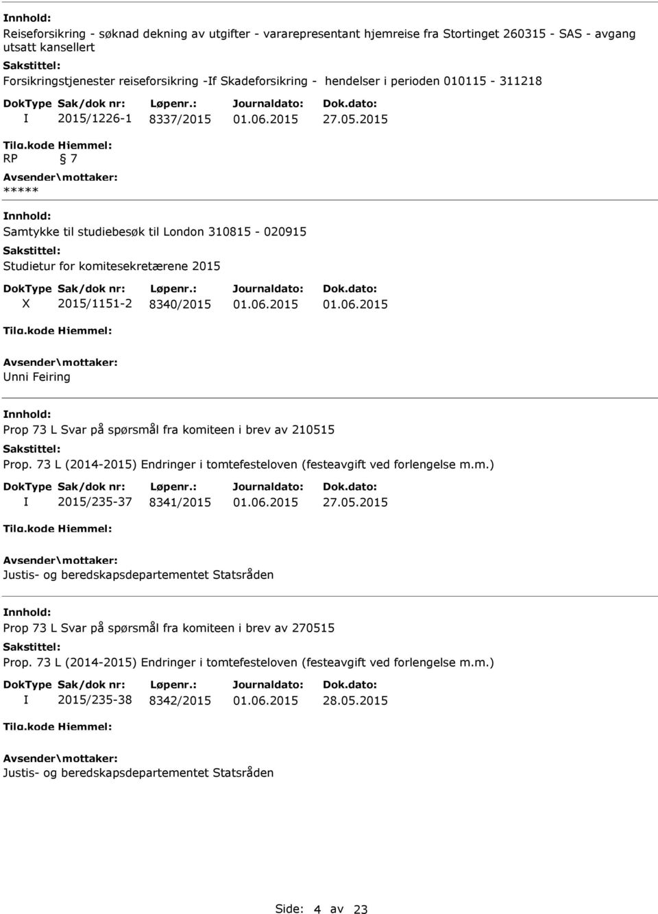 2015 nnhold: Samtykke til studiebesøk til London 310815-020915 Studietur for komitesekretærene 2015 X 2015/1151-2 8340/2015 Unni Feiring nnhold: Prop 73 L Svar på spørsmål fra komiteen i brev av