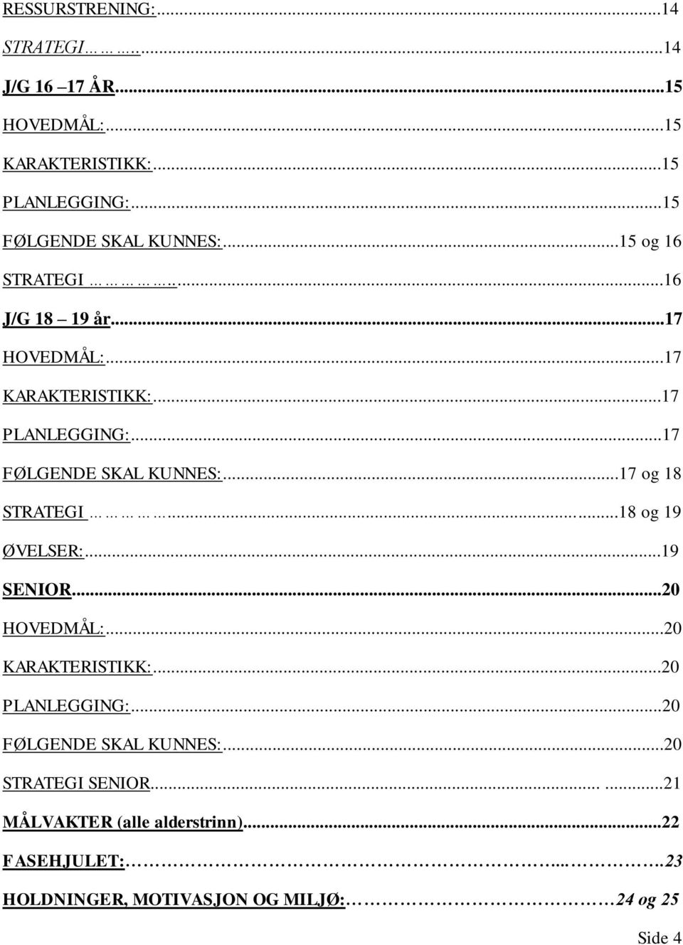 ..17 og 18 STRATEGI...18 og 19 ØVELSER:...19 SENIOR...20 HOVEDMÅL:...20 KARAKTERISTIKK:...20 PLANLEGGING:.