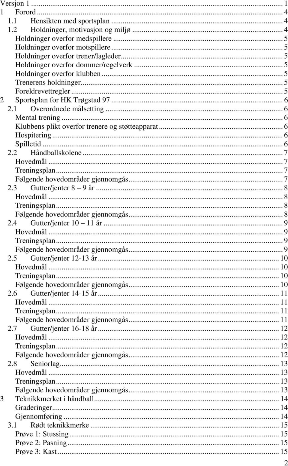 .. 6 2.1 Overordnede målsetting... 6 Mental trening... 6 Klubbens plikt overfor trenere og støtteapparat... 6 Hospitering... 6 Spilletid... 6 2.2 Håndballskolene... 7 Hovedmål... 7 Treningsplan.