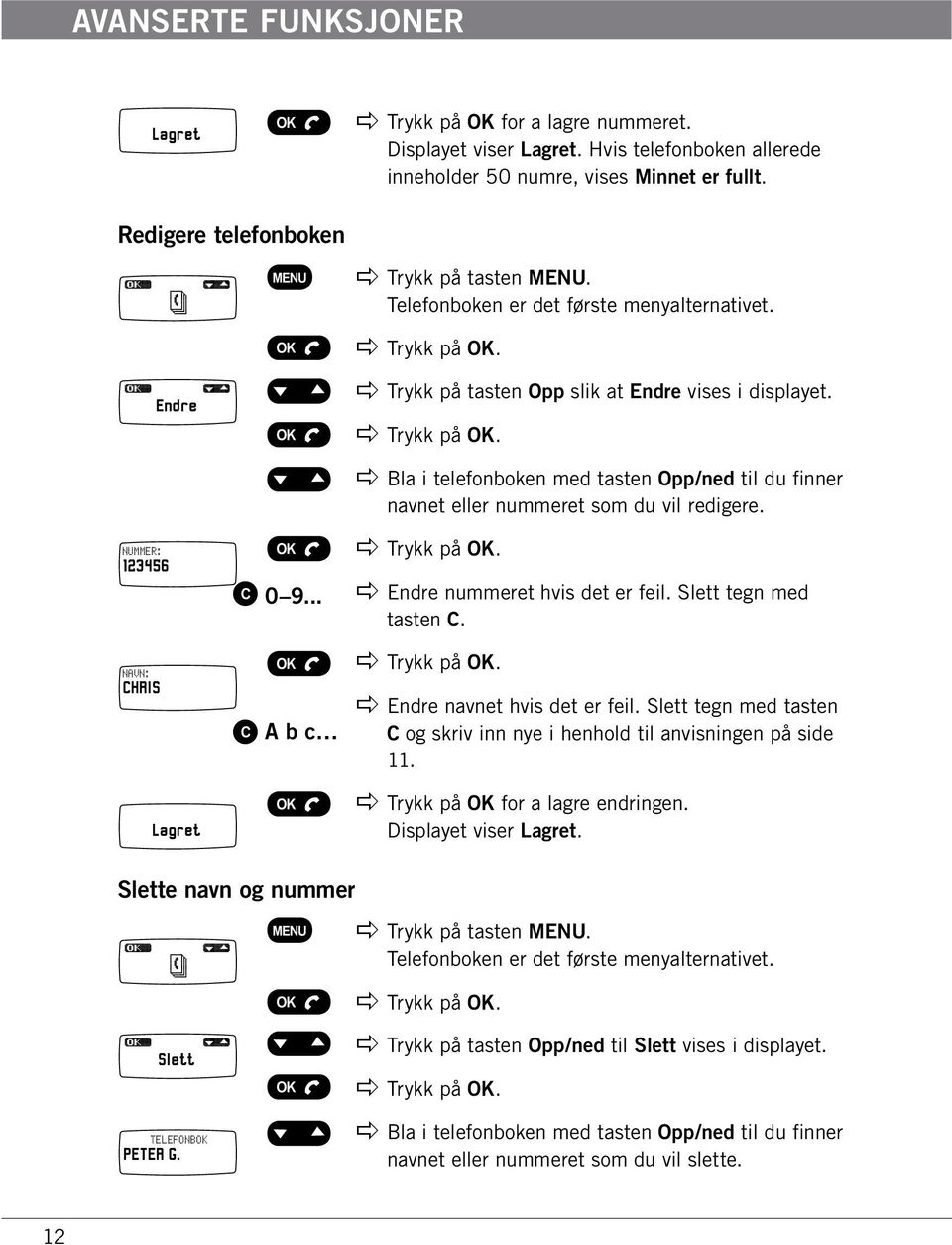 .. A b c apple Bla i telefonboken med tasten Opp/ned til du finner navnet eller nummeret som du vil redigere. apple Endre nummeret hvis det er feil. Slett tegn med tasten C.