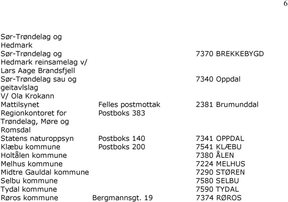 Brumunddal Statens naturoppsyn Postboks 140 7341 OPPDAL Klæbu kommune Postboks 200 7541 KLÆBU Holtålen kommune 7380 ÅLEN Melhus