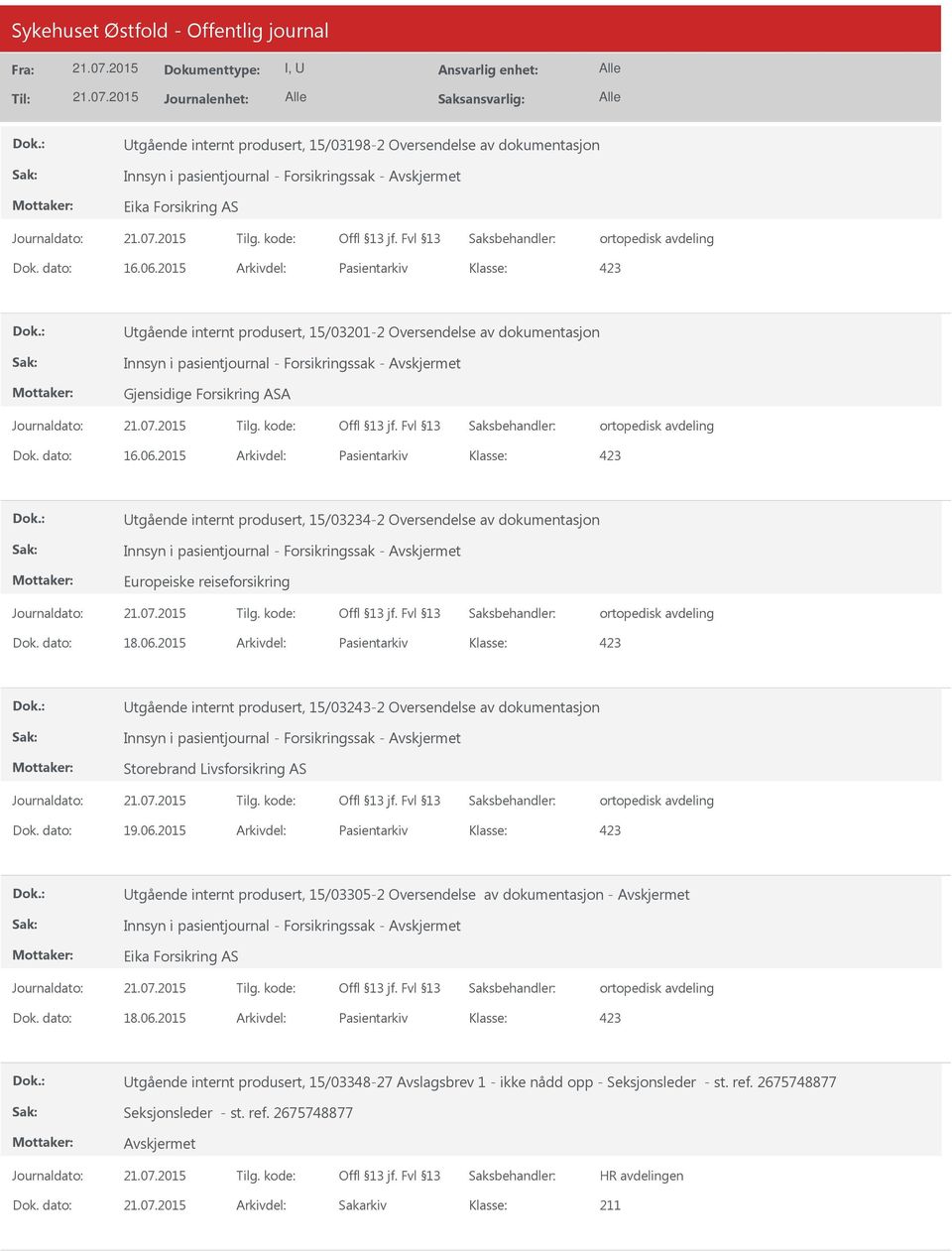 2015 Arkivdel: Pasientarkiv Utgående internt produsert, 15/03234-2 Oversendelse av dokumentasjon Europeiske reiseforsikring Dok. dato: 18.06.