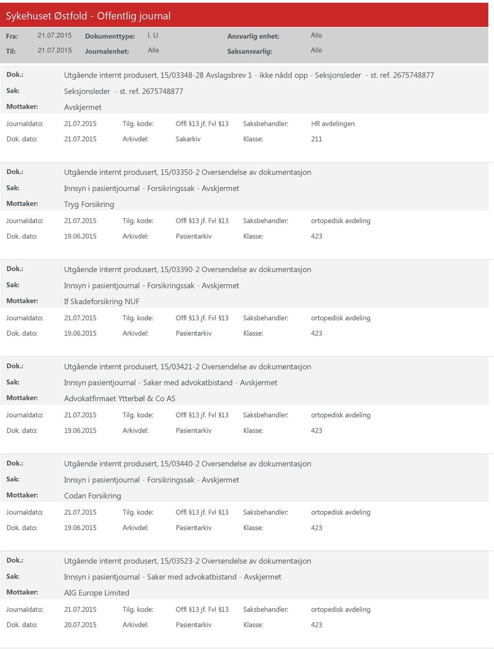 2015 Arkivdel: Pasientarkiv Utgående internt produsert, 15/03390-2 Oversendelse av dokumentasjon If Skadeforsikring NUF Dok. dato: 19.06.