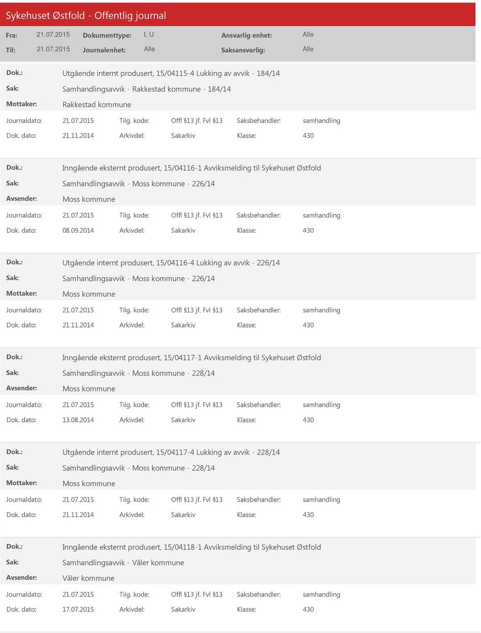 -4 Lukking av avvik - 226/14 Samhandlingsavvik - Moss kommune - 226/14 Moss kommune Dok. dato: 21.11.