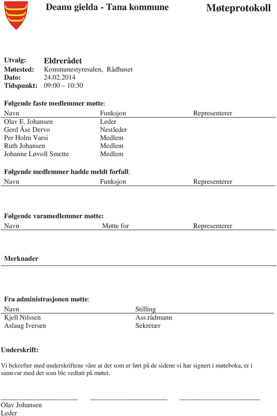 Johansen Leder Gerd Åse Dervo Nestleder Per Holm Varsi Medlem Ruth Johansen Medlem Johanne Løvoll Smette Medlem Følgende medlemmer hadde meldt forfall: Navn Funksjon Representerer