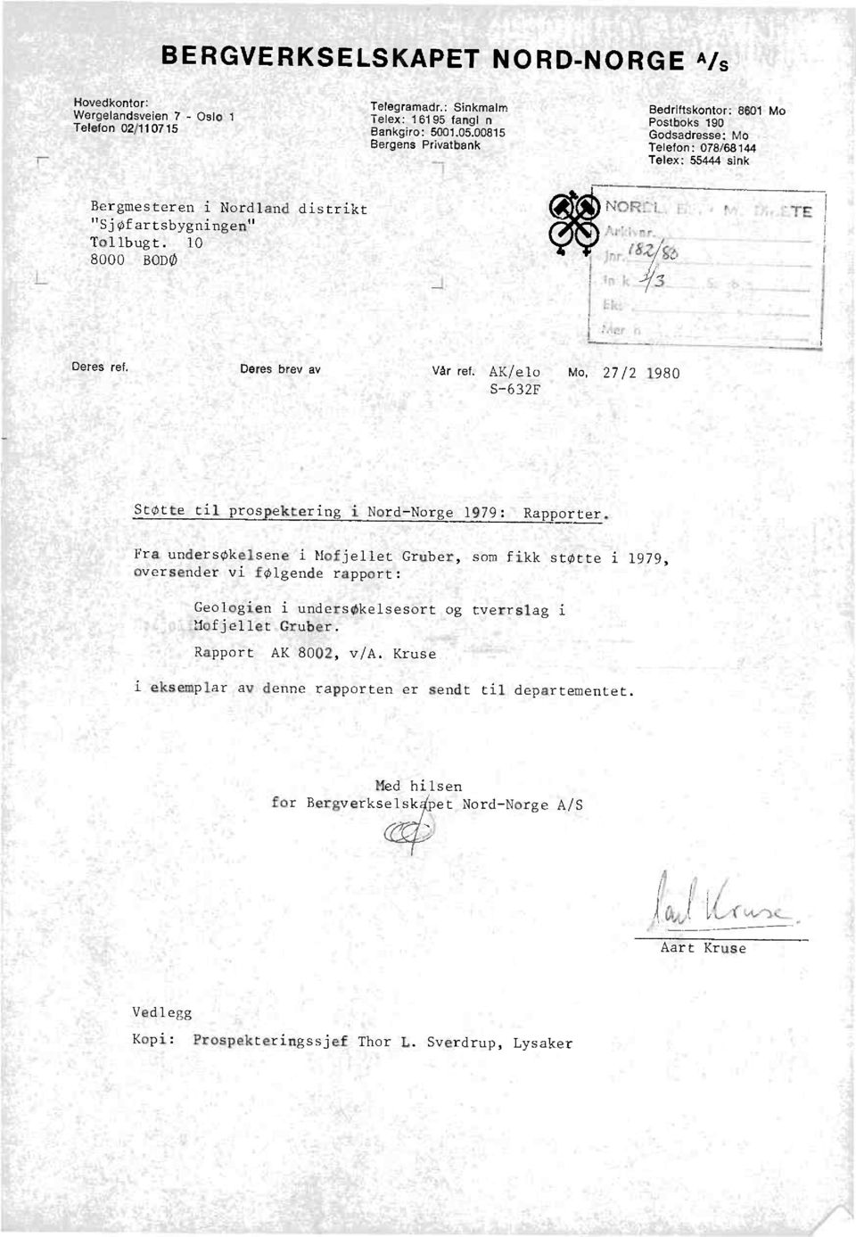 Deres brev av Vår tel AK/elo Mo, 27/2 1980 S-632F Støtte til prospektering i Nord-Norge 1979: Rapporter.