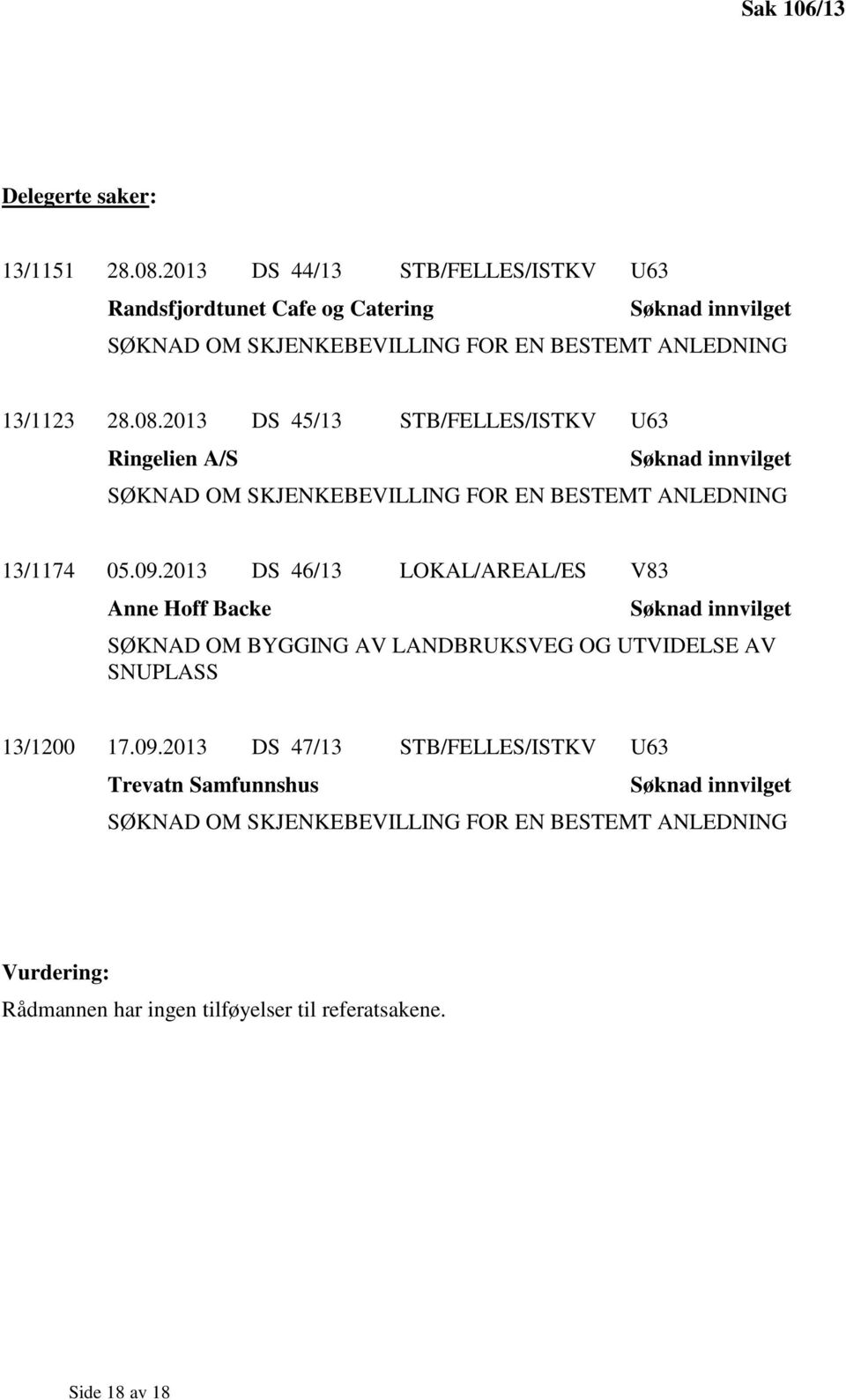 2013 DS 45/13 STB/FELLES/ISTKV U63 Ringelien A/S Søknad innvilget SØKNAD OM SKJENKEBEVILLING FOR EN BESTEMT ANLEDNING 13/1174 05.09.