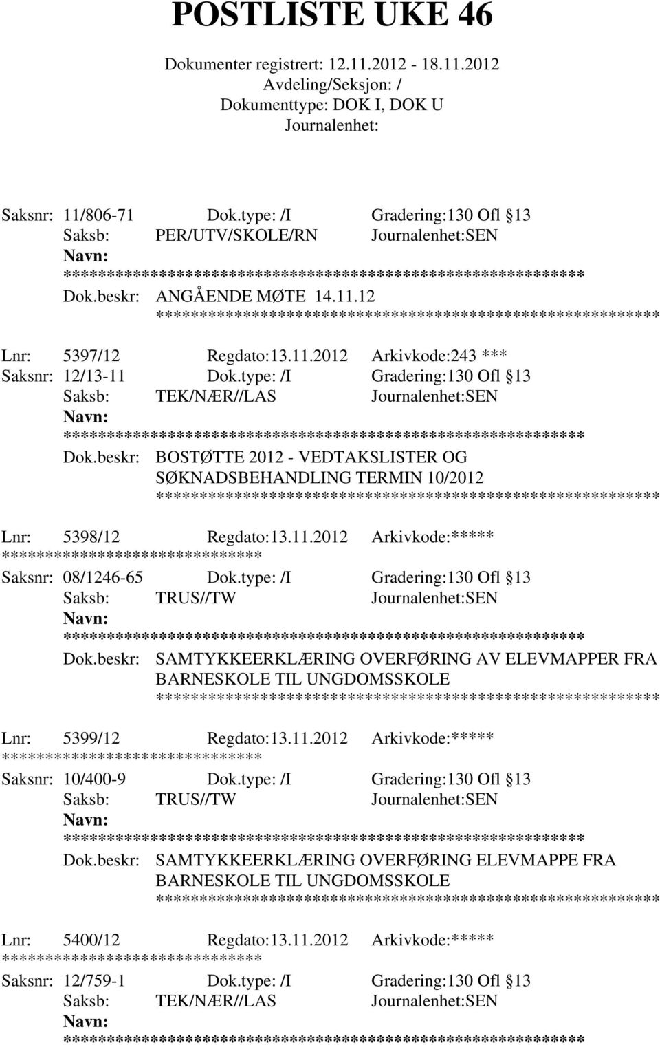 2012 Arkivkode:***** Saksnr: 08/1246-65 Dok.type: /I Gradering:130 Ofl 13 Saksb: TRUS//TW SEN ** Dok.