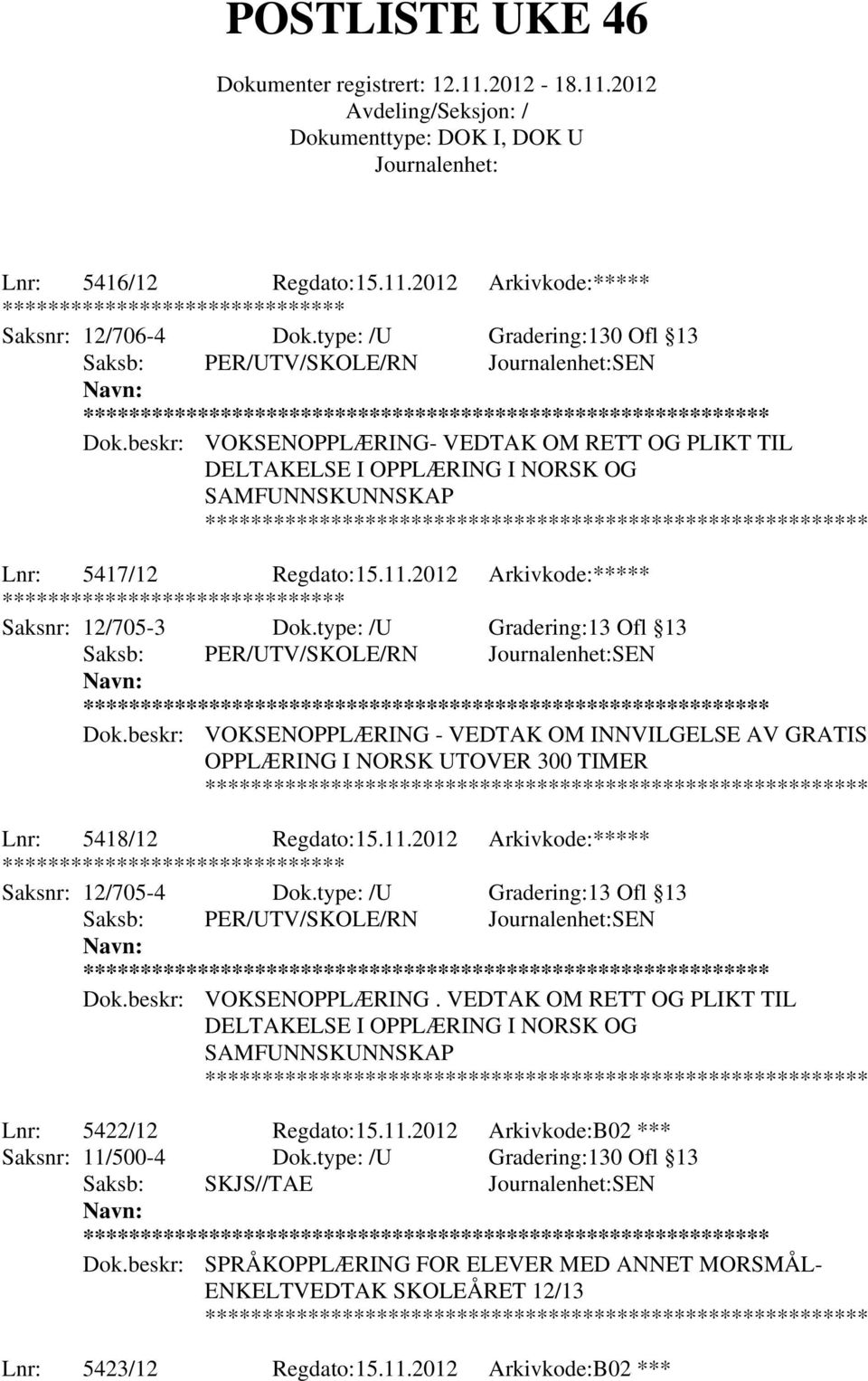 type: /U Gradering:13 Ofl 13 ** Dok.beskr: VOKSENOPPLÆRING - VEDTAK OM INNVILGELSE AV GRATIS OPPLÆRING I NORSK UTOVER 300 TIMER Lnr: 5418/12 Regdato:15.11.2012 Arkivkode:***** Saksnr: 12/705-4 Dok.