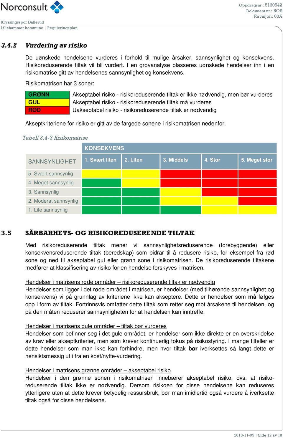 Risikomatrisen har 3 soner: GRØNN GUL RØD Akseptabel risiko - risikoreduserende tiltak er ikke nødvendig, men bør vurderes Akseptabel risiko - risikoreduserende tiltak må vurderes Uakseptabel risiko