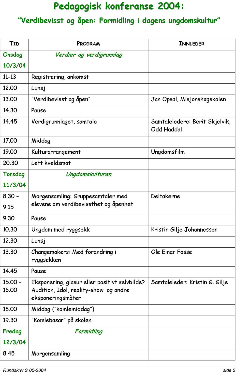 30 Lett kveldsmat Torsdag Ungdomskulturen 11/3/04 8.30 9.15 Morgensamling: Gruppesamtaler med elevene om verdibevissthet og åpenhet Deltakerne 9.30 Pause 10.