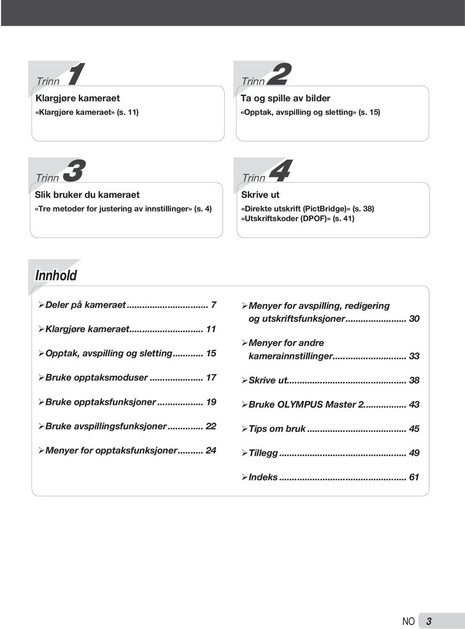 41) Innhold Deler på kameraet... 7 Klargjøre kameraet... 11 Opptak, avspilling og sletting... 15 Bruke opptaksmoduser... 17 Bruke opptaksfunksjoner... 19 Bruke avspillingsfunksjoner.