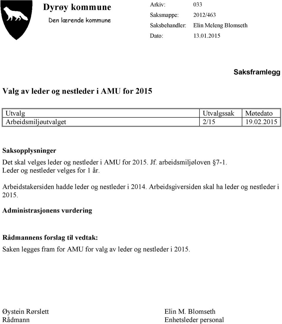 2015 Saksframlegg Valg av leder og nestleder i AMU for 2015 Utvalg Utvalgssak Møtedato Arbeidsmiljøutvalget 2/15 19.02.