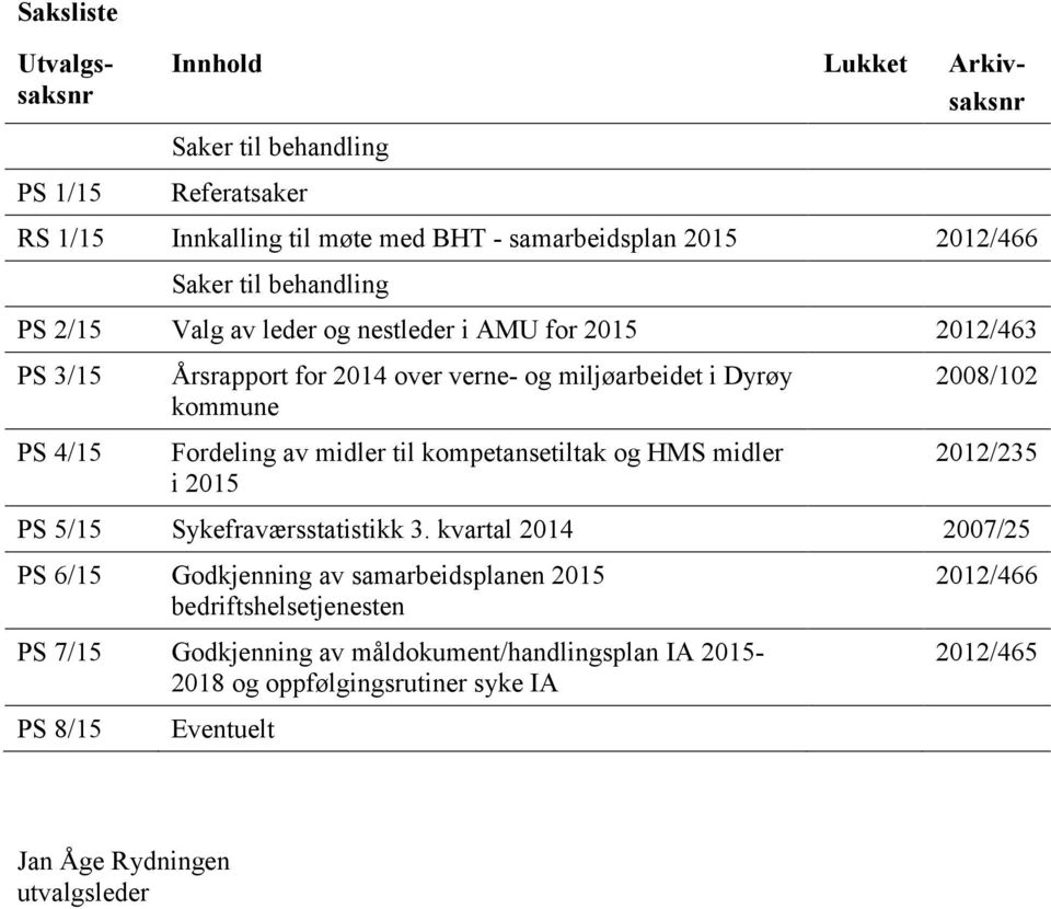 til kompetansetiltak og HMS midler i 2015 2008/102 2012/235 PS 5/15 Sykefraværsstatistikk 3.