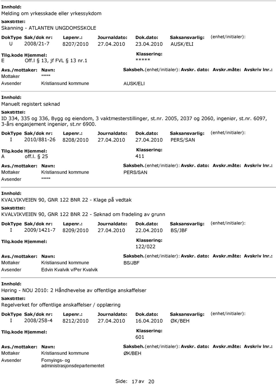 2010/881-26 8208/2010 PRS/SN off.l. 25 vs./mottaker: Navn: Saksbeh. vskr. dato: vskr.måte: vskriv lnr.