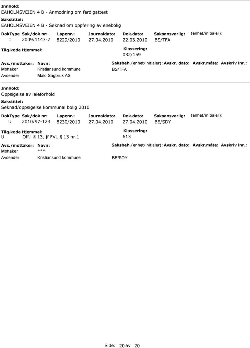 : BS/TF Malo Sagbruk S Oppsigelse av leieforhold Søknad/oppsigelse kommunal bolig 2010 2010/97-123