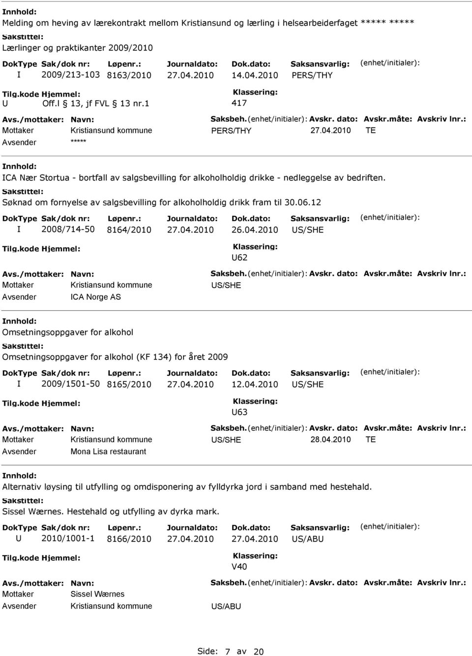 Søknad om fornyelse av salgsbevilling for alkoholholdig drikk fram til 30.06.12 2008/714-50 8164/2010 S/SH 62 vs./mottaker: Navn: Saksbeh. vskr. dato: vskr.måte: vskriv lnr.