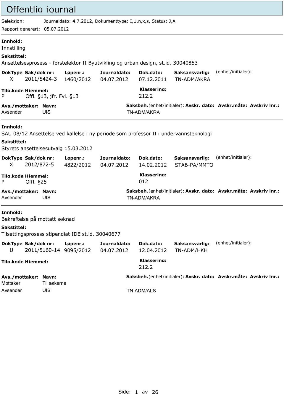 2 TN-ADM/AKRA A 08/12 Ansettelse ved kallelse i ny periode som professor i undervannsteknologi tyrets ansettelsesutvalg 15.03.