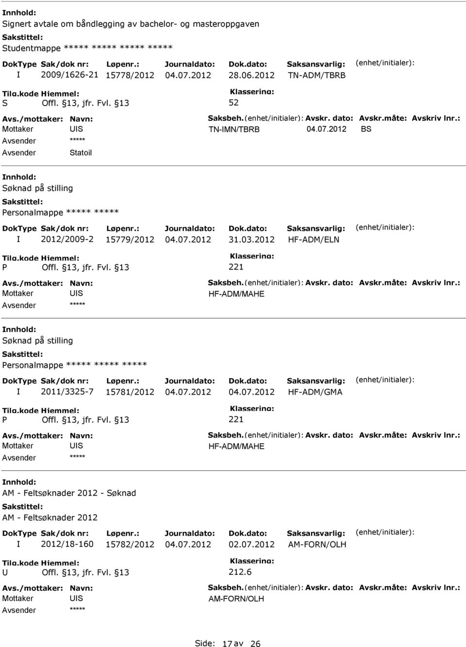 2012 HF-ADM/ELN P 221 HF-ADM/MAHE øknad på stilling Personalmappe ***** ***** ***** 2011/3325-7 15781/2012 HF-ADM/GMA P 221