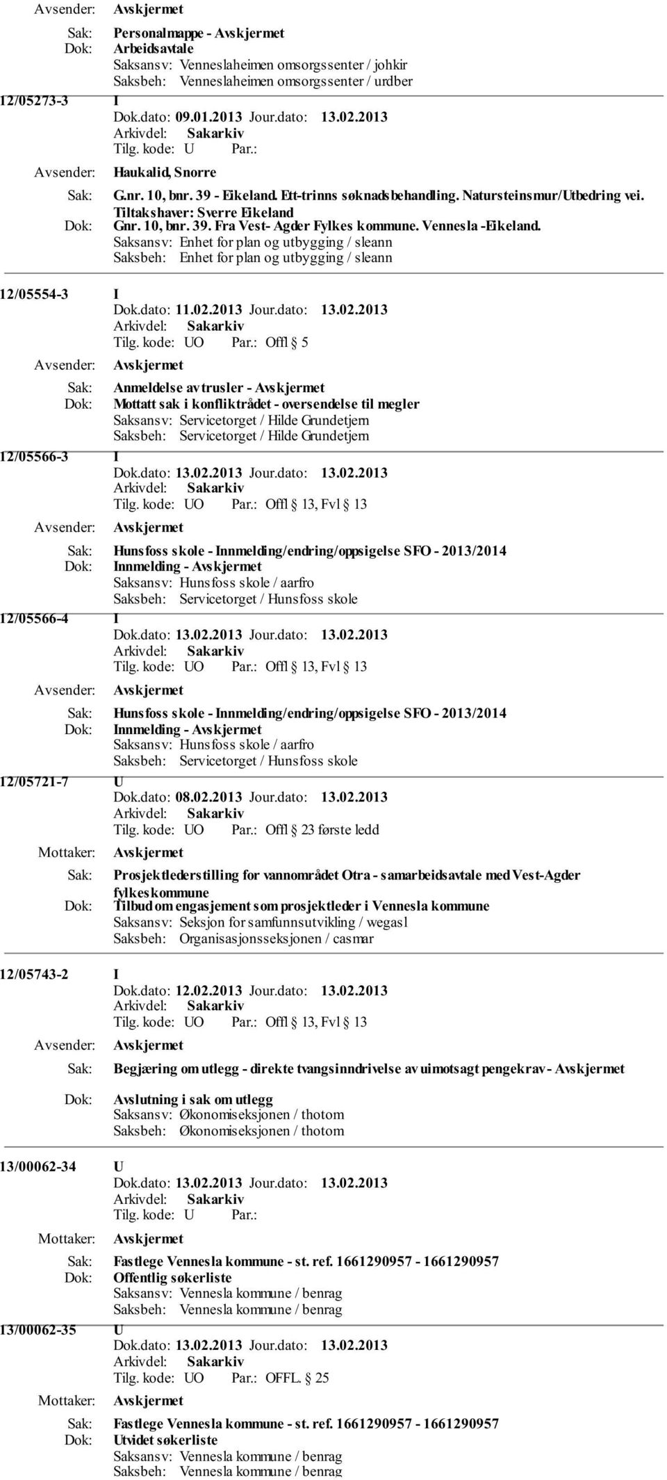 Vennesla -Eikeland. Saksansv: Enhet for plan og utbygging / sleann Saksbeh: Enhet for plan og utbygging / sleann 12/05554-3 I Dok.dato: 11.02.2013 Jour.dato: 13.02.2013 Tilg.