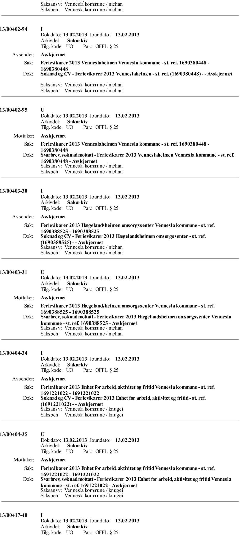 1690380448-13/00403-30 I Ferievikarer 2013 Hægelandsheimen omsorgssenter Vennesla kommune - st. ref.