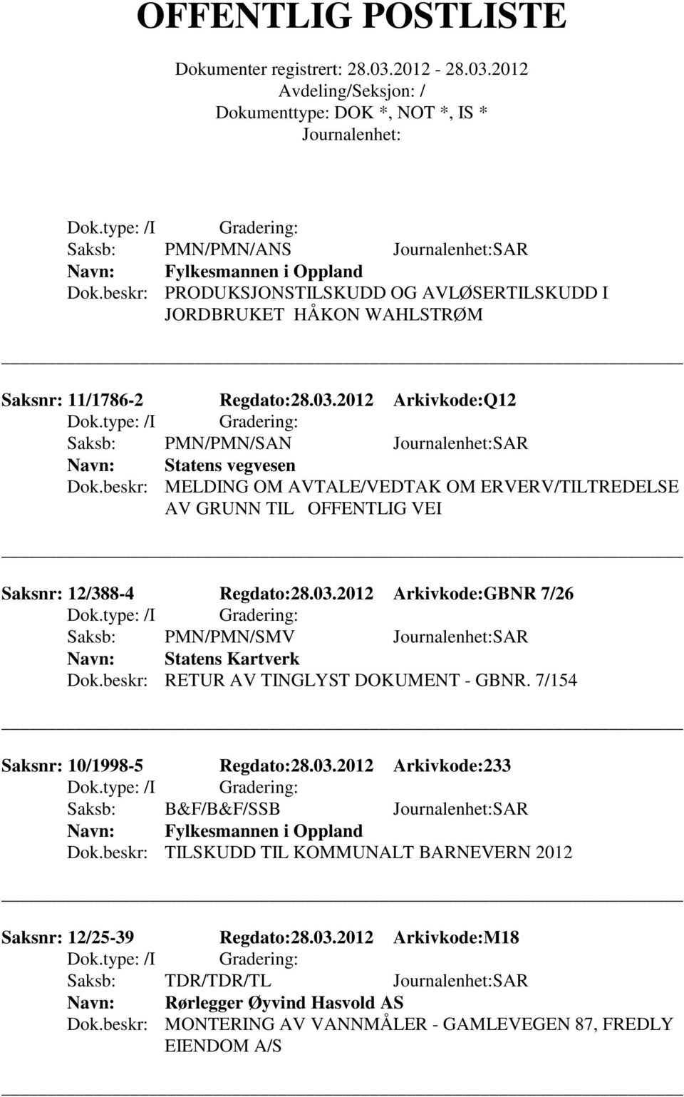 2012 Arkivkode:GBNR 7/26 Saksb: PMN/PMN/SMV SAR Statens Kartverk Dok.beskr: RETUR AV TINGLYST DOKUMENT - GBNR. 7/154 Saksnr: 10/1998-5 Regdato:28.03.