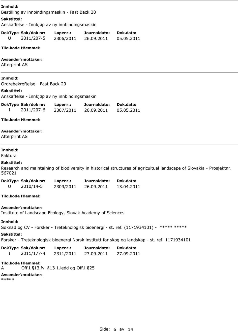 567021 2010/14-5 2309/2011 13.04.2011 nstitute of Landscape Ecology, Slovak Academy of Sciences Søknad og CV - Forsker - Treteknologisk bioenergi - st. ref.