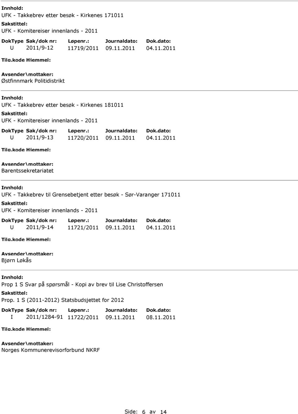 2011/9-12 11719/2011 04.11.2011 Østfinnmark Politidistrikt FK - Takkebrev etter besøk - Kirkenes 181011 2011/9-13 11720/2011 04.11.2011 Barentssekretariatet FK - Takkebrev til Grensebetjent etter besøk - Sør-Varanger 171011 2011/9-14 11721/2011 04.