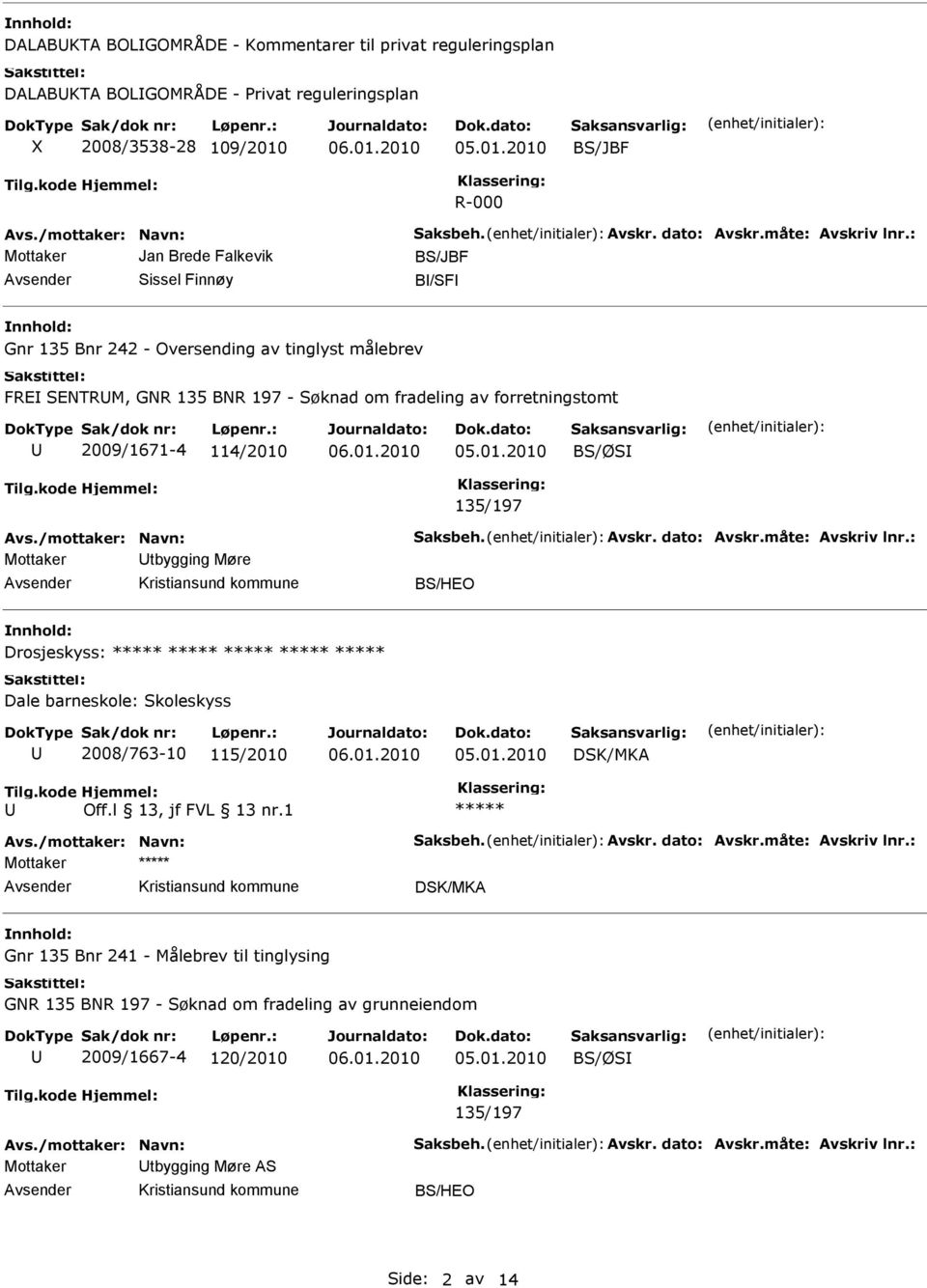 : Mottaker Jan Brede Falkevik BS/JBF Sissel Finnøy B/SF Gnr 135 Bnr 242 - Oversending av tinglyst målebrev FR SNTRM, GNR 135 BNR 197 - Søknad om fradeling av forretningstomt 2009/1671-4 114/2010