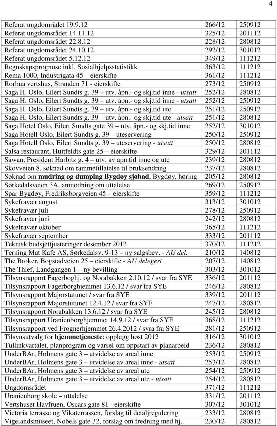 tid inne - utsatt 252/12 280812 Saga H. Oslo, Eilert Sundts g. 39 utv. åpn.- og skj.tid inne - utsatt 252/12 250912 Saga H. Oslo, Eilert Sundts g. 39 utv. åpn.- og skj.tid ute 251/12 250912 Saga H.