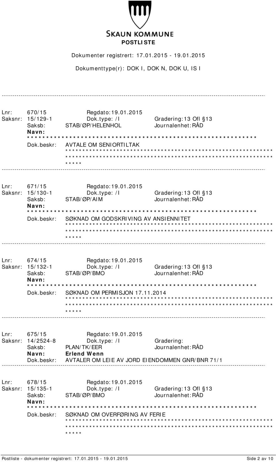 type: /I Gradering:13 Ofl 13 Saksb: STAB/ØP/BMO Journalenhet:RÅD SØKNAD OM PERMISJON 17.11.2014 Lnr: 675/15 Regdato:19.01.2015 Saksnr: 14/2524-8 Dok.