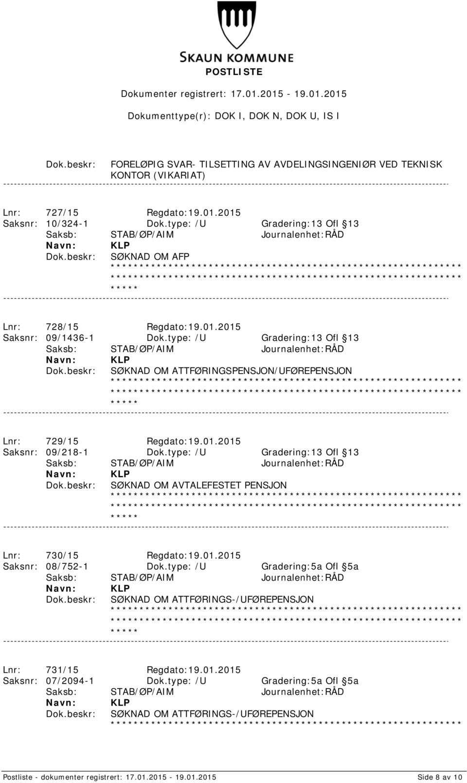 type: /U Gradering:13 Ofl 13 SØKNAD OM ATTFØRINGSPENSJON/UFØREPENSJON Lnr: 729/15 Regdato:19.01.2015 Saksnr: 09/218-1 Dok.