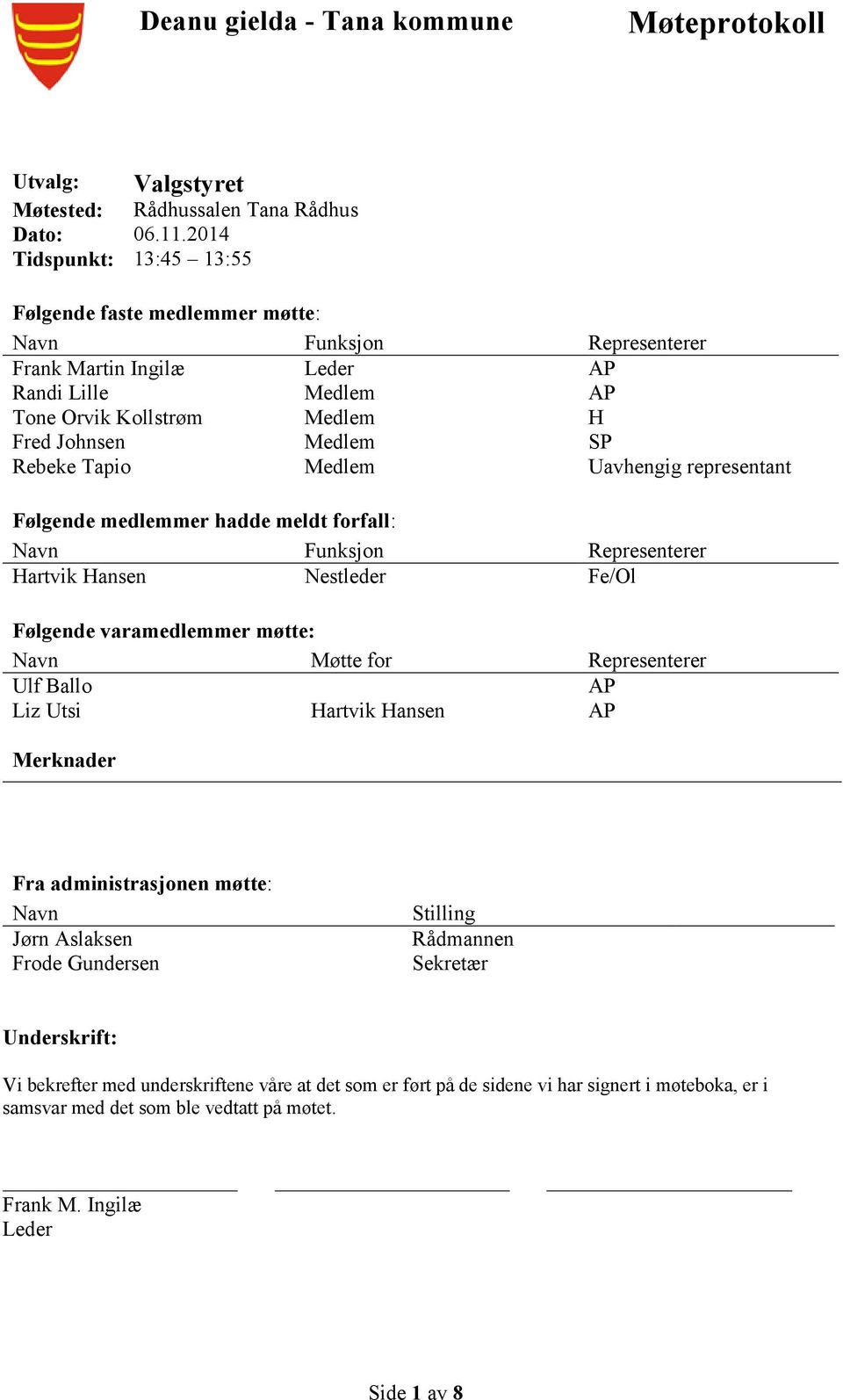 Tapio Medlem Uavhengig representant Følgende medlemmer hadde meldt forfall: Navn Funksjon Representerer Hartvik Hansen Nestleder Fe/Ol Følgende varamedlemmer møtte: Navn Møtte for Representerer Ulf