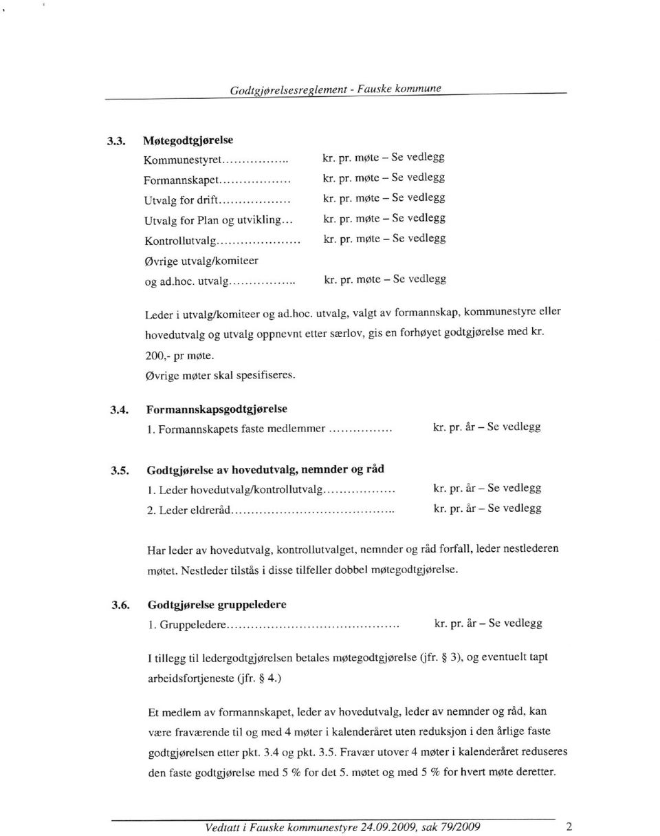 200,- pr møte. øvrige møter skal spesifiseres. 3.4. Formannskapsgodtgjørelse 1. Formannskapets faste medlemmer kr. pr. år Se vedlegg 3.5. Godtgjørelse av hovedutvalg, nemnder og råd 1.