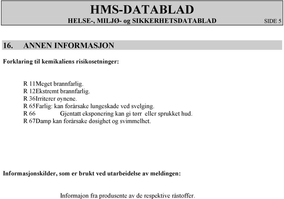 R 36 Irriterer øynene. R 65 Farlig: kan forårsake lungeskade ved svelging.