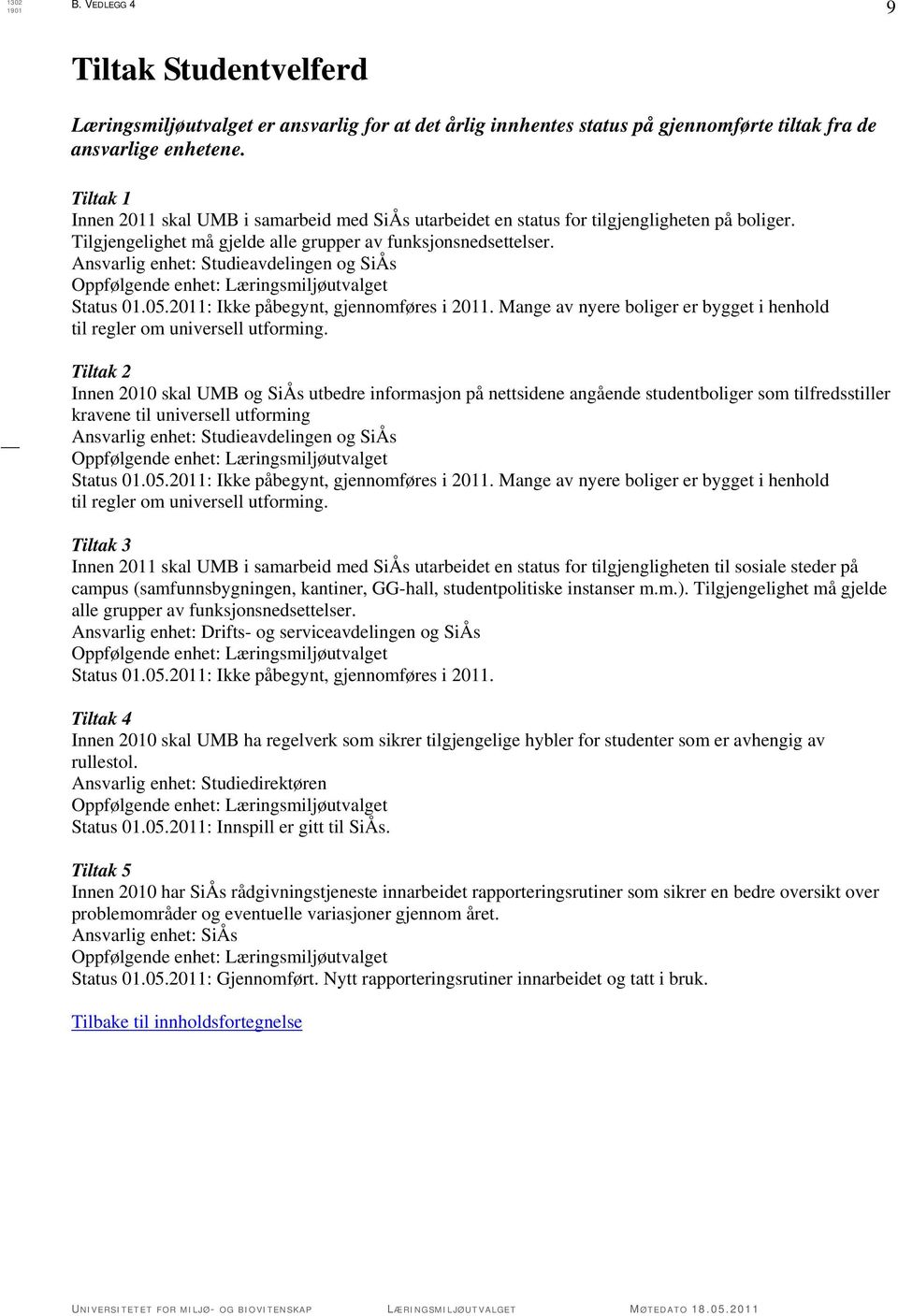 2011: Ikke påbegynt, gjennomføres i 2011. Mange av nyere boliger er bygget i henhold til regler om universell utforming.