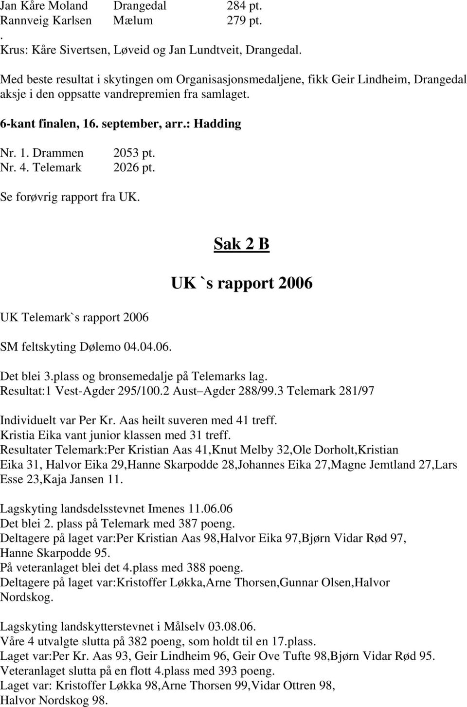 4. Telemark 2053 pt. 2026 pt. Se forøvrig rapport fra UK. Sak 2 B UK `s rapport 2006 UK Telemark`s rapport 2006 SM feltskyting Dølemo 04.04.06. Det blei 3.plass og bronsemedalje på Telemarks lag.