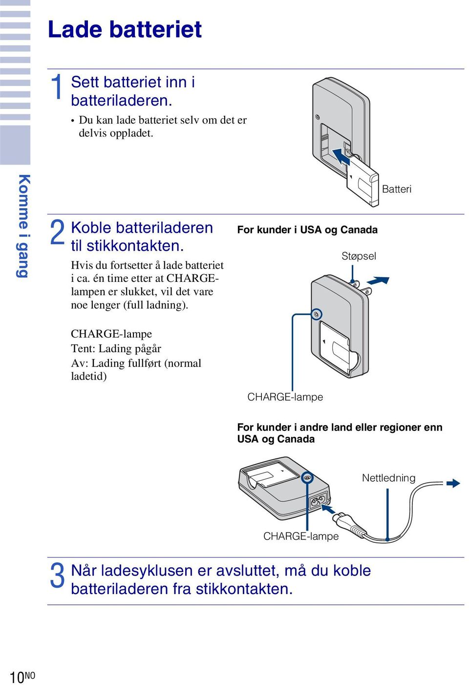 én time etter at CHARGElampen er slukket, vil det vare noe lenger (full ladning).