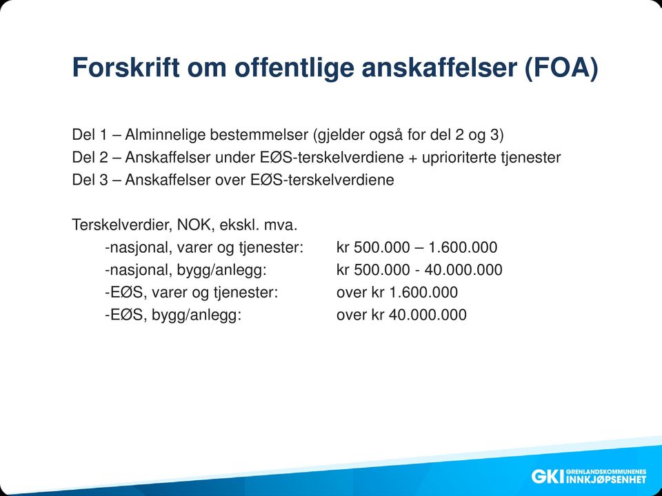 EØS-terskelverdiene Terskelverdier, NOK, ekskl. mva. -nasjonal, varer og tjenester: kr 500.000 1.600.