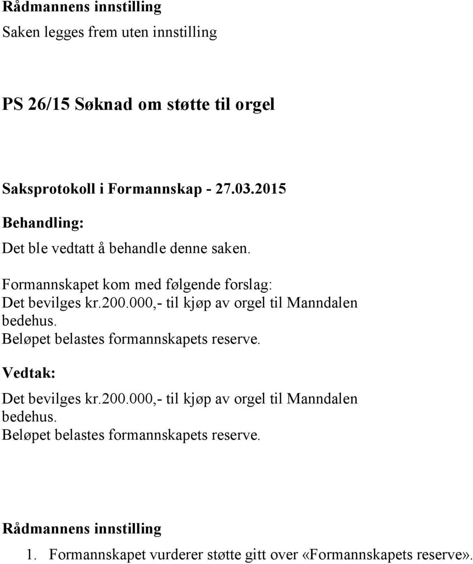 000,- til kjøp av orgel til Manndalen bedehus. Beløpet belastes formannskapets reserve. Det bevilges kr.200.