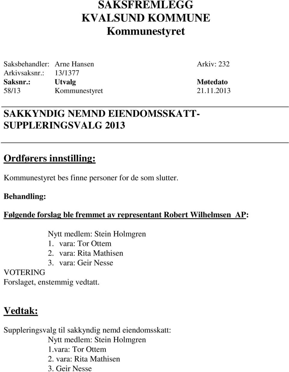 Følgende forslag ble fremmet av representant Robert Wilhelmsen AP: Nytt medlem: Stein Holmgren 1. vara: Tor Ottem 2.