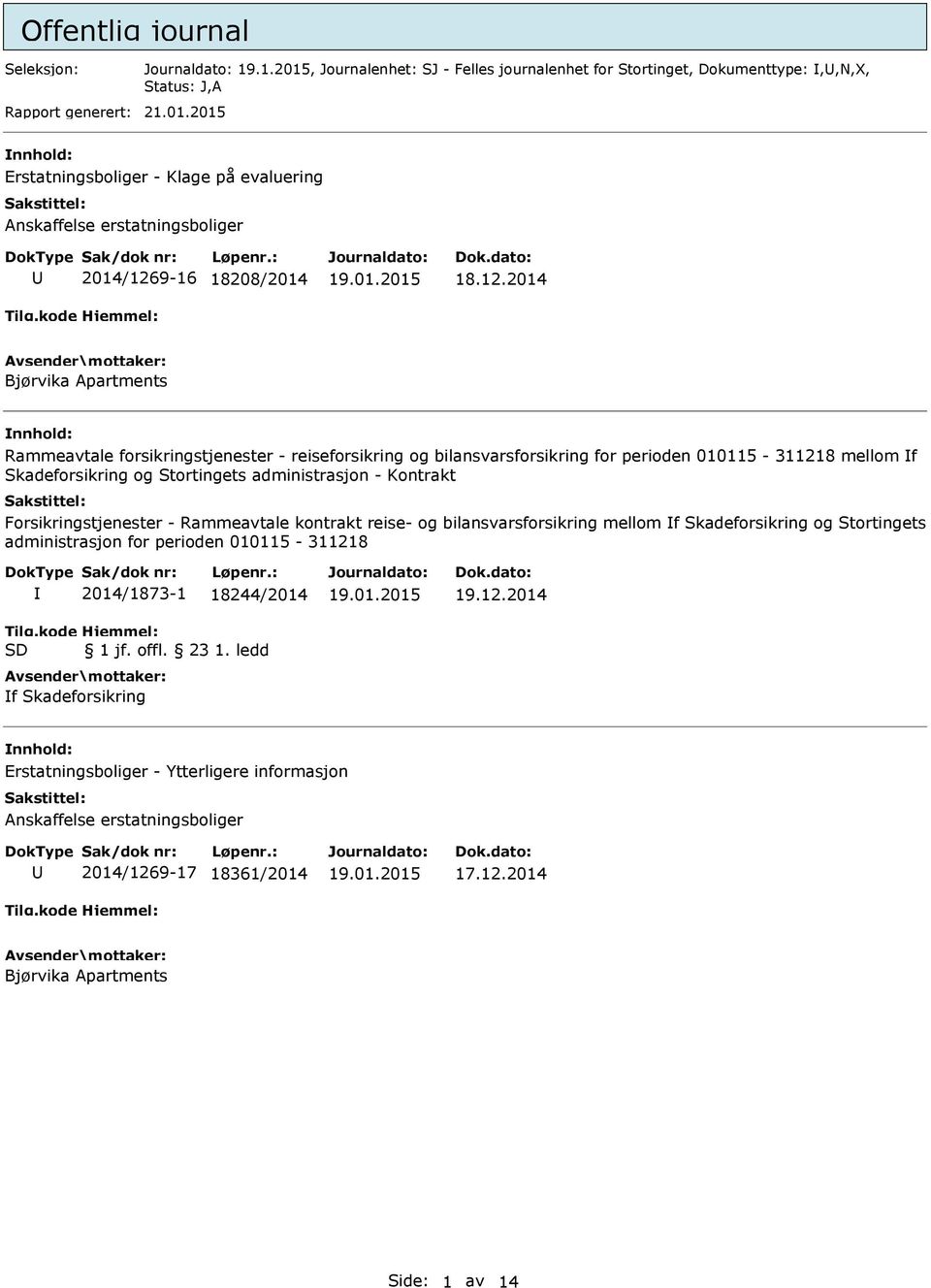Forsikringstjenester - Rammeavtale kontrakt reise- og bilansvarsforsikring mellom f Skadeforsikring og Stortingets administrasjon for perioden 010115-311218 2014/1873-1 18244/2014 1 jf. offl. 23 1.