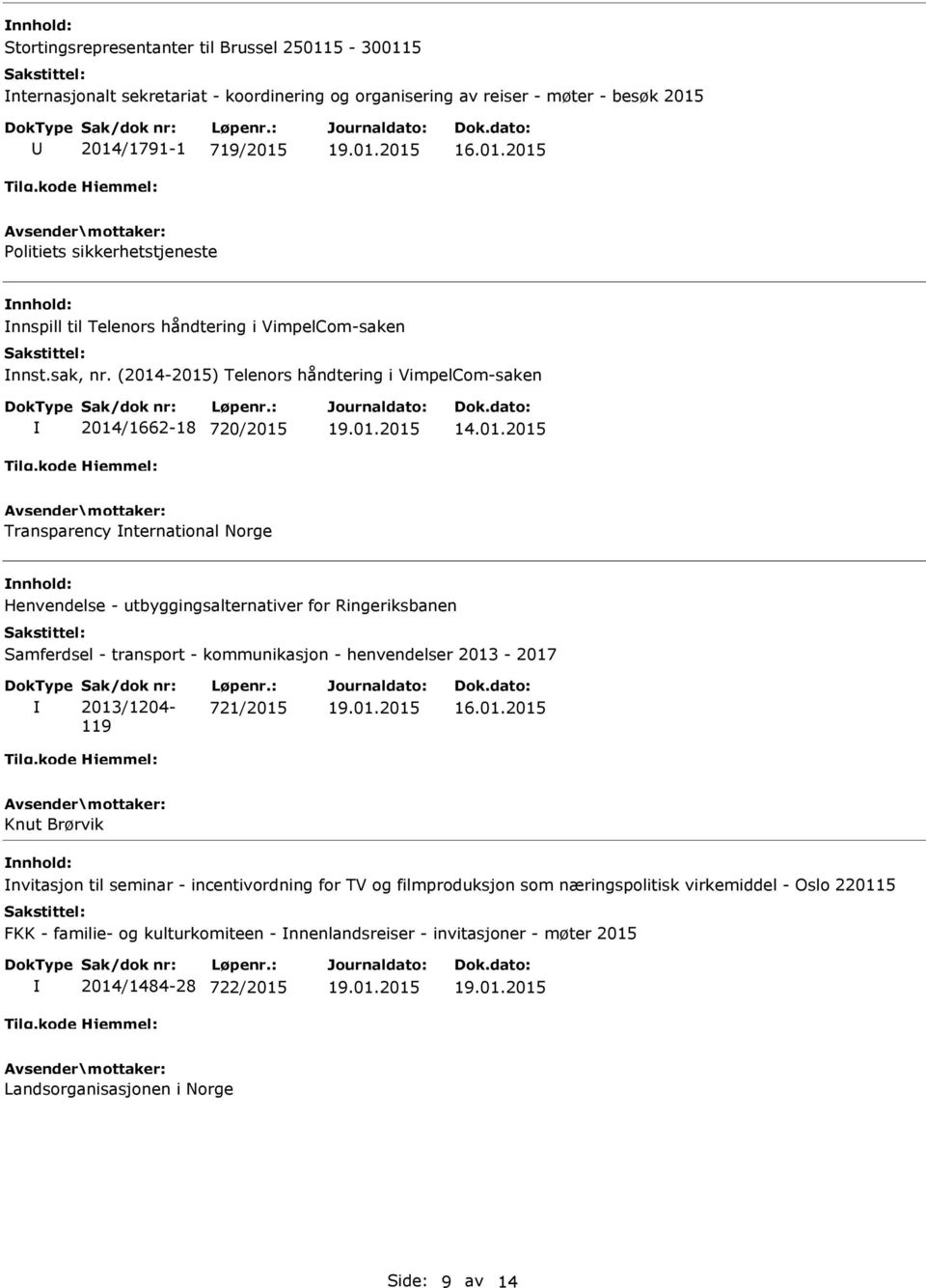 -2015) Telenors håndtering i VimpelCom-saken 2014/1662-18 720/2015 14.01.2015 Transparency nternational Norge Henvendelse - utbyggingsalternativer for Ringeriksbanen Samferdsel - transport - kommunikasjon - henvendelser 2013-2017 Sak/dok nr: 2013/1204-119 Løpenr.