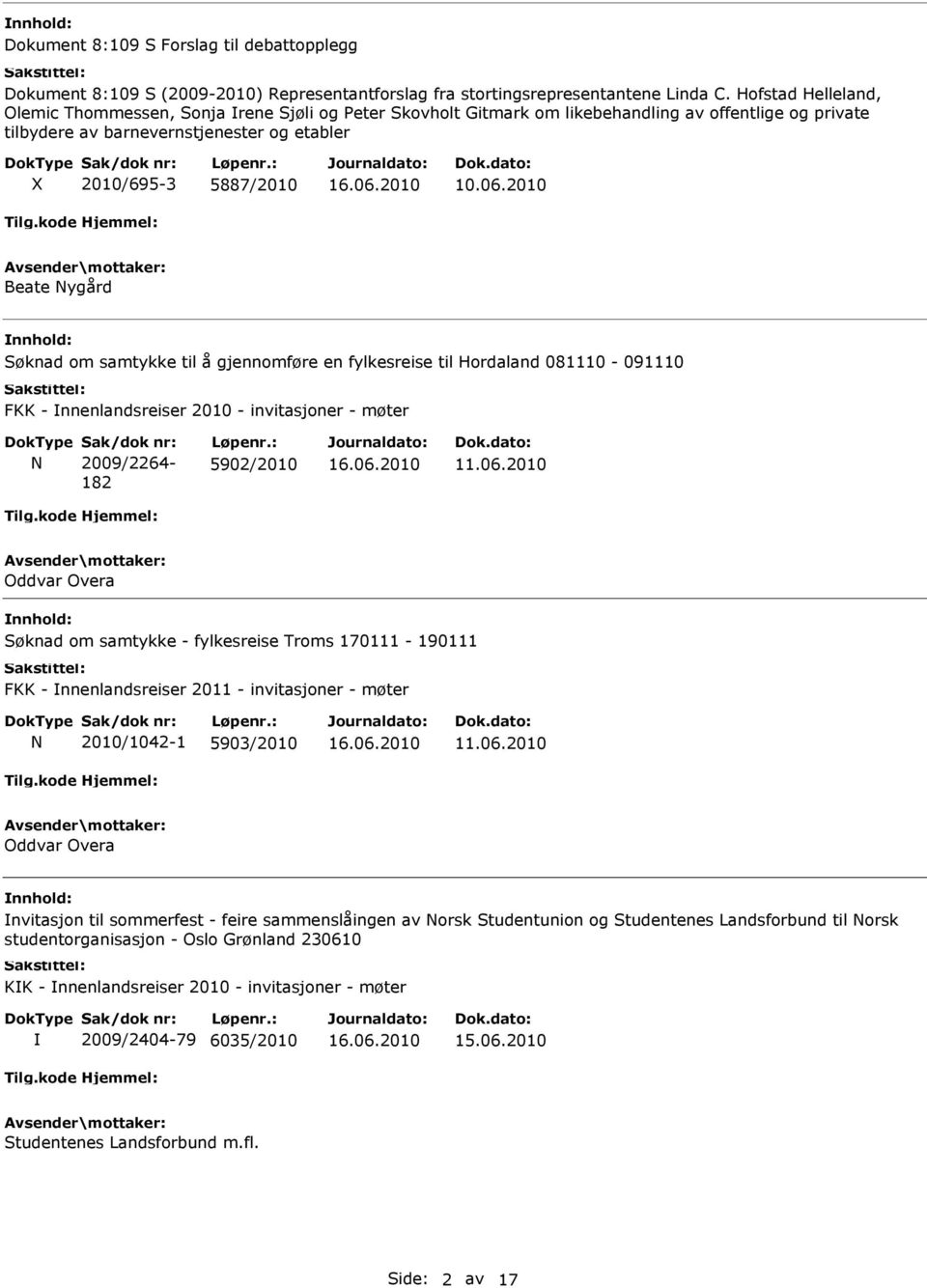 2010 Søknad om samtykke til å gjennomføre en fylkesreise til Hordaland 081110-091110 FKK - nnenlandsreiser 2010 - invitasjoner - møter N Sak/dok nr: 2009/2264-182 Løpenr.: 5902/2010 11.06.