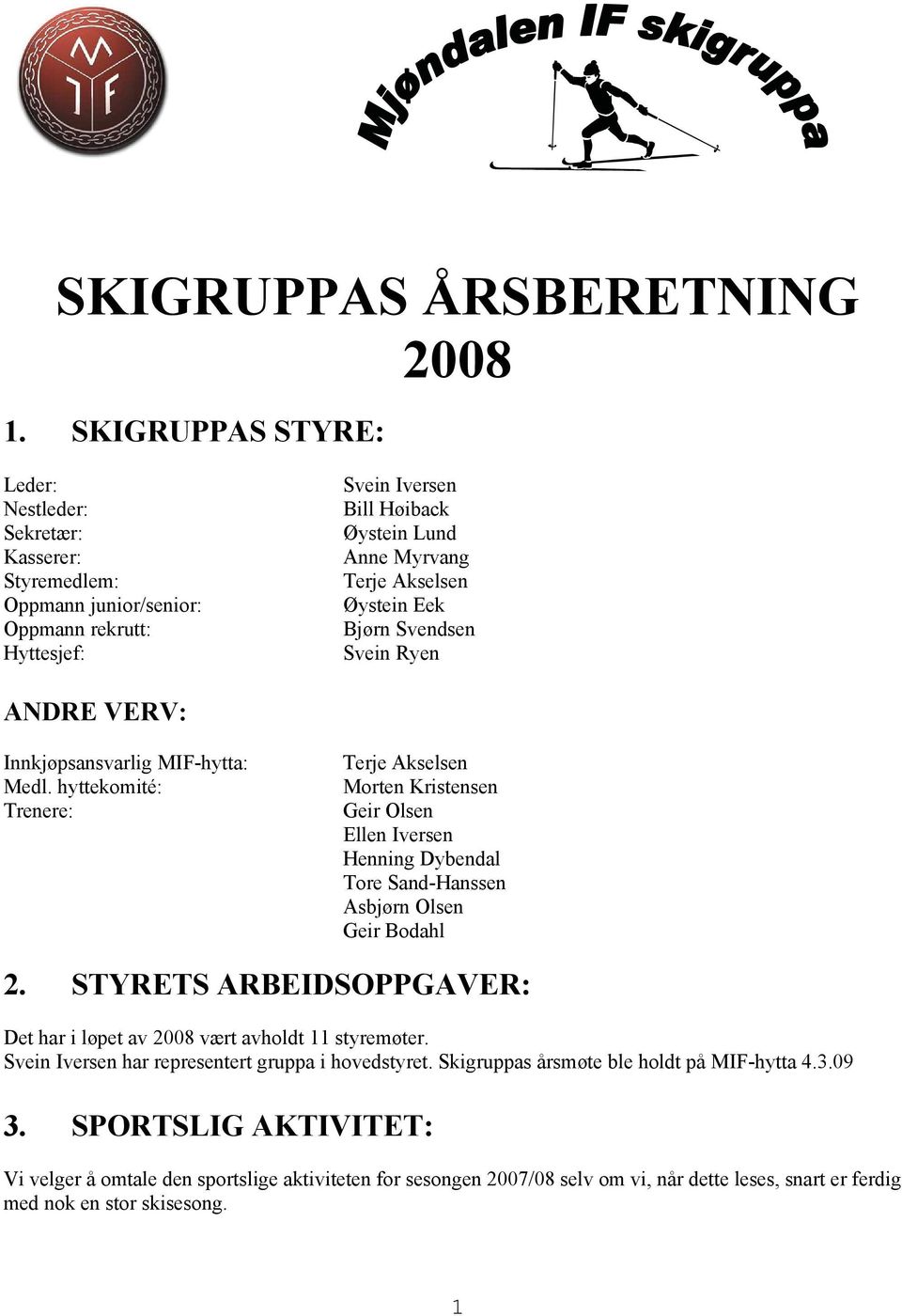 Eek Bjørn Svendsen Svein Ryen ANDRE VERV: Innkjøpsansvarlig MIF-hytta: Medl.